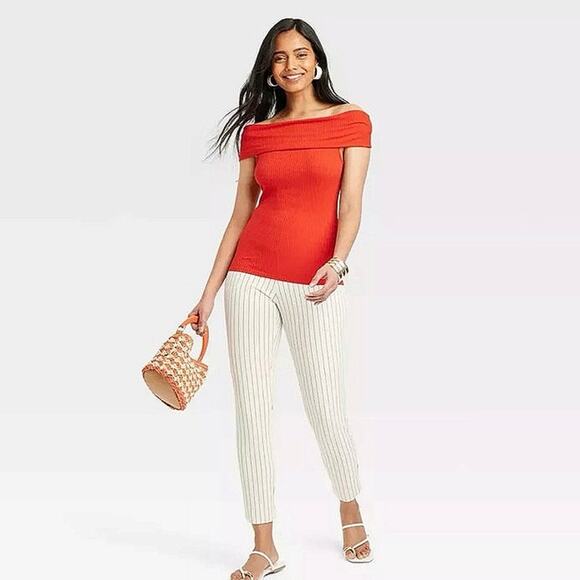 A New Day Red Ribbed Stretch Knit Short Sleeve Off the Shoulder Top Blouse XS - Picture 3 of 8